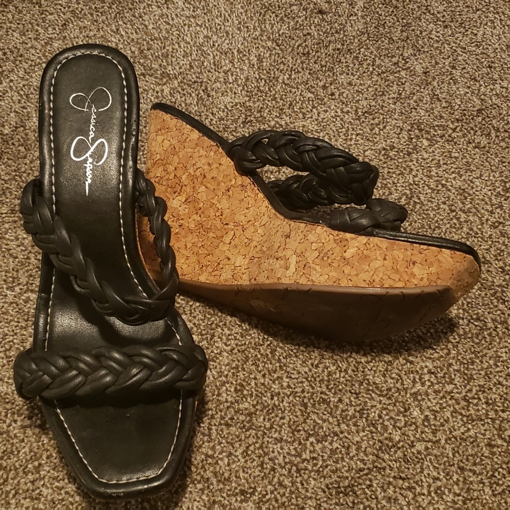 Jessica Simpson Black Leather Upper/Cork Wedges size 10 - Picture 4 of 6